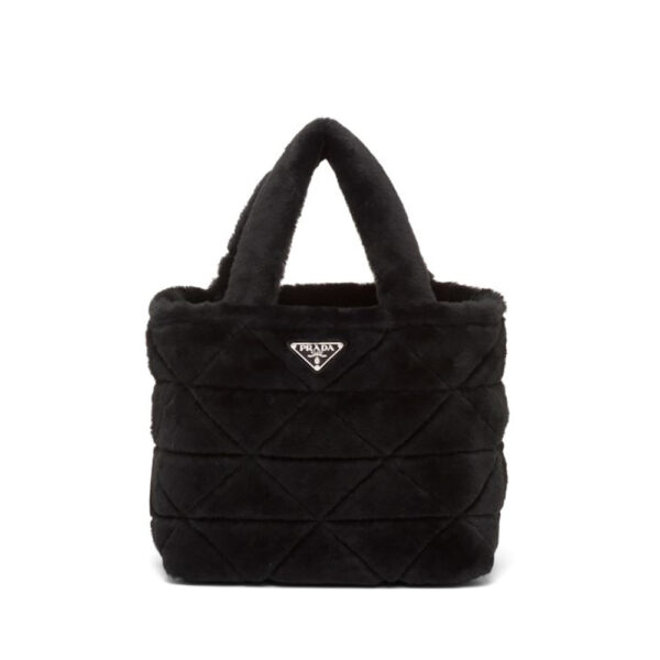 Prada Women Iconic Triangle Logo Soft Shearling Tote-Black