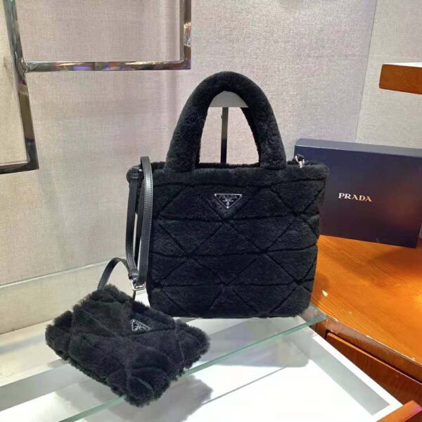 Prada Women Iconic Triangle Logo Soft Shearling Tote-Black - Image 6