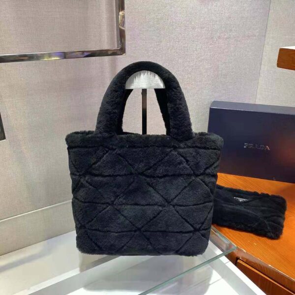 Prada Women Iconic Triangle Logo Soft Shearling Tote-Black - Image 7