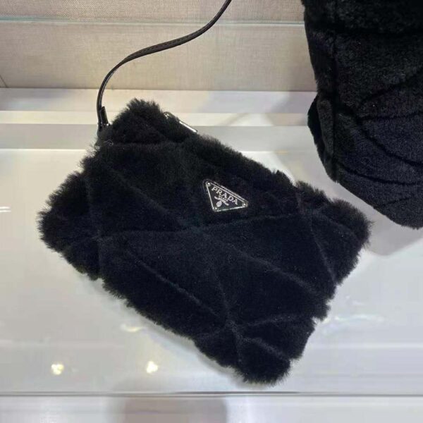 Prada Women Iconic Triangle Logo Soft Shearling Tote-Black - Image 5