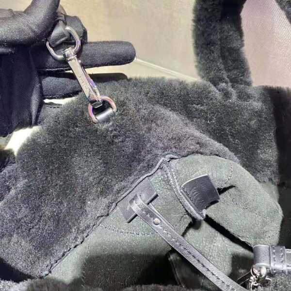 Prada Women Iconic Triangle Logo Soft Shearling Tote-Black - Image 3