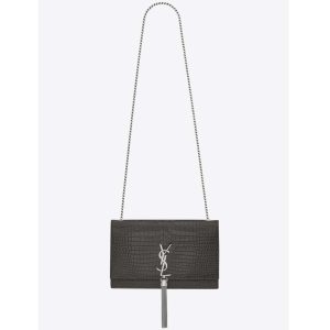 Saint Laurent YSL Women Kate Medium Tassel Embossed Crocodile Shiny-Grey