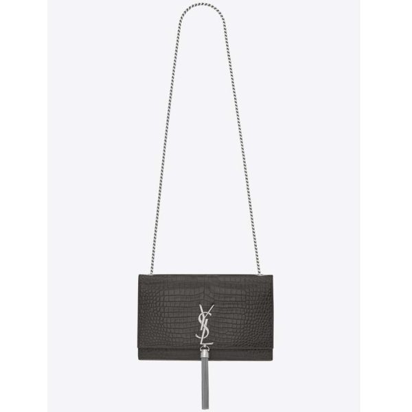 Saint Laurent YSL Women Kate Medium Tassel Embossed Crocodile Shiny-Grey