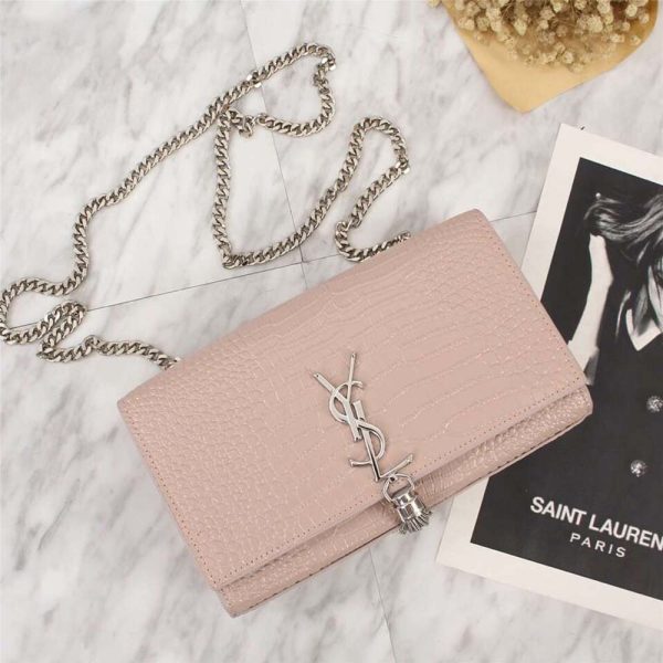 Saint Laurent YSL Women Kate Small Tassel Embossed Crocodile Shiny-Pink - Image 4