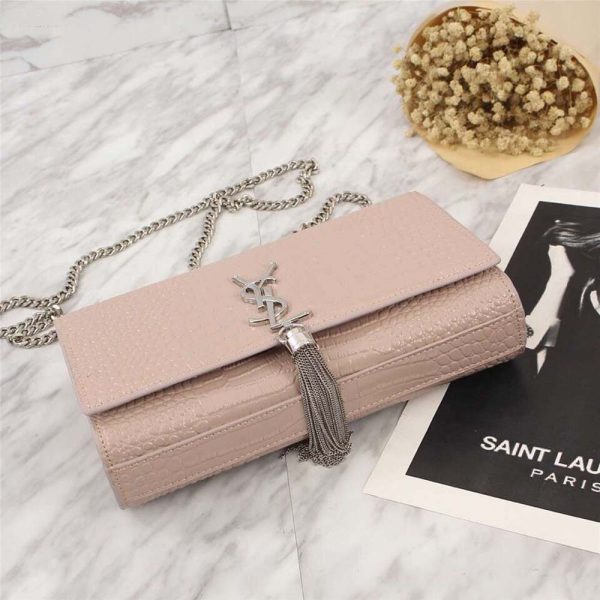 Saint Laurent YSL Women Kate Small Tassel Embossed Crocodile Shiny-Pink - Image 10