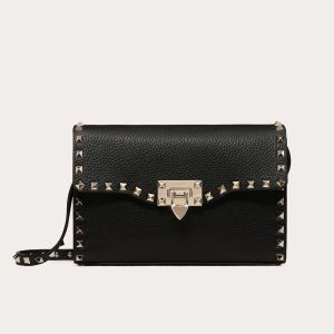 Valentino Women Small Rockstud Grainy Calfskin Crossbody Bag-Black