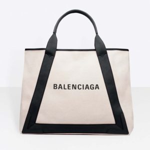 Balenciaga Women Navy Cabas M Large Size Cotton Canvas Calfskin