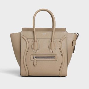 Celine Women Micro Luggage Handbag in Drummed Calfskin-Sandy