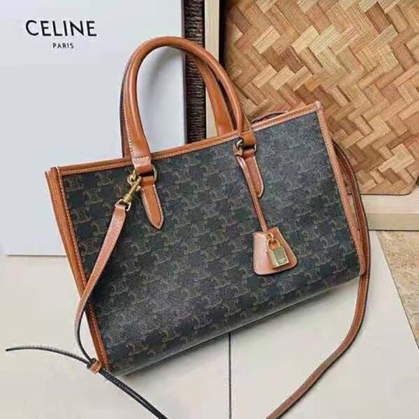 Celine Women Mini Horizontal Cabas in Triomphe Canvas and Calfskin-Brown - Image 3