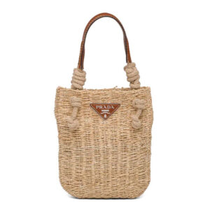 Prada Women Corn Husk and Leather Tote Handle Bag