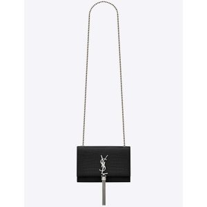 Saint Laurent YSL Women Kate Small Tassel Embossed Crocodile Shiny Calfskin-Black