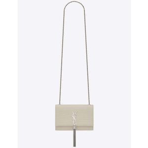 Saint Laurent YSL Women Kate Small Tassel Embossed Crocodile Shiny Calfskin-White