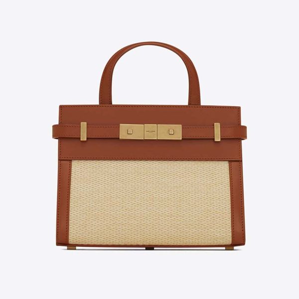 Saint Laurent YSL Women Manhattan Nano Shopping Bag in Raffia and Smooth Leather-Brown