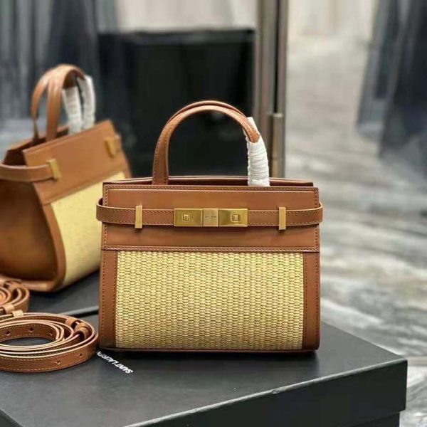 Saint Laurent YSL Women Manhattan Nano Shopping Bag in Raffia and Smooth Leather-Brown - Image 3