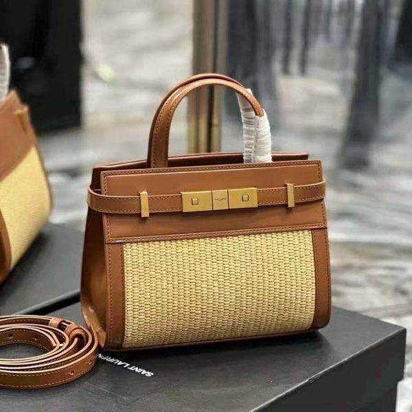 Saint Laurent YSL Women Manhattan Nano Shopping Bag in Raffia and Smooth Leather-Brown - Image 2