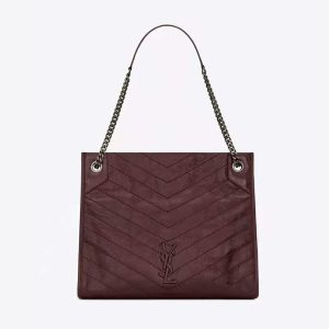 Saint Laurent YSL Women Niki Medium Shopping Bag in Crinkled Vintage Leather-Maroon