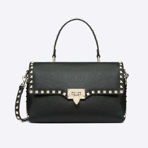 Valentino Women Medium Grain Calfskin Leather Rockstud Handbag-Black