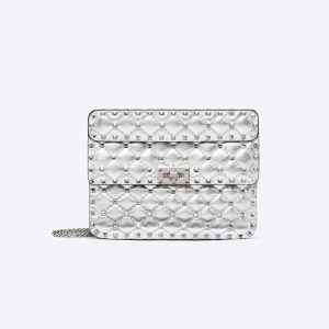 Valentino Women Medium Metallic Rockstud Spike Bag-Silver