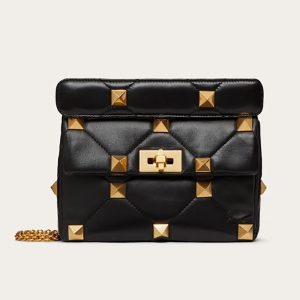 Valentino Women Medium Roman Stud the Shoulder Bag in Nappa with Chain-Black