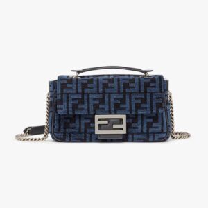 Fendi Women Baguette Chain Midi Dark Blue FF Tapestry Fabric Bag