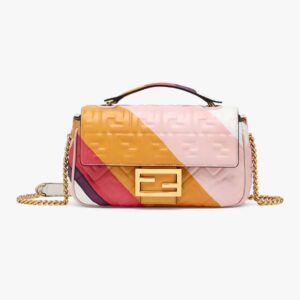 Fendi Women Baguette Chain Midi Leather Bag with Multicolour Print